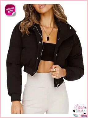 Cropped Puffer Jacket Quilted Bubble Coat Full Zip Snap Winter